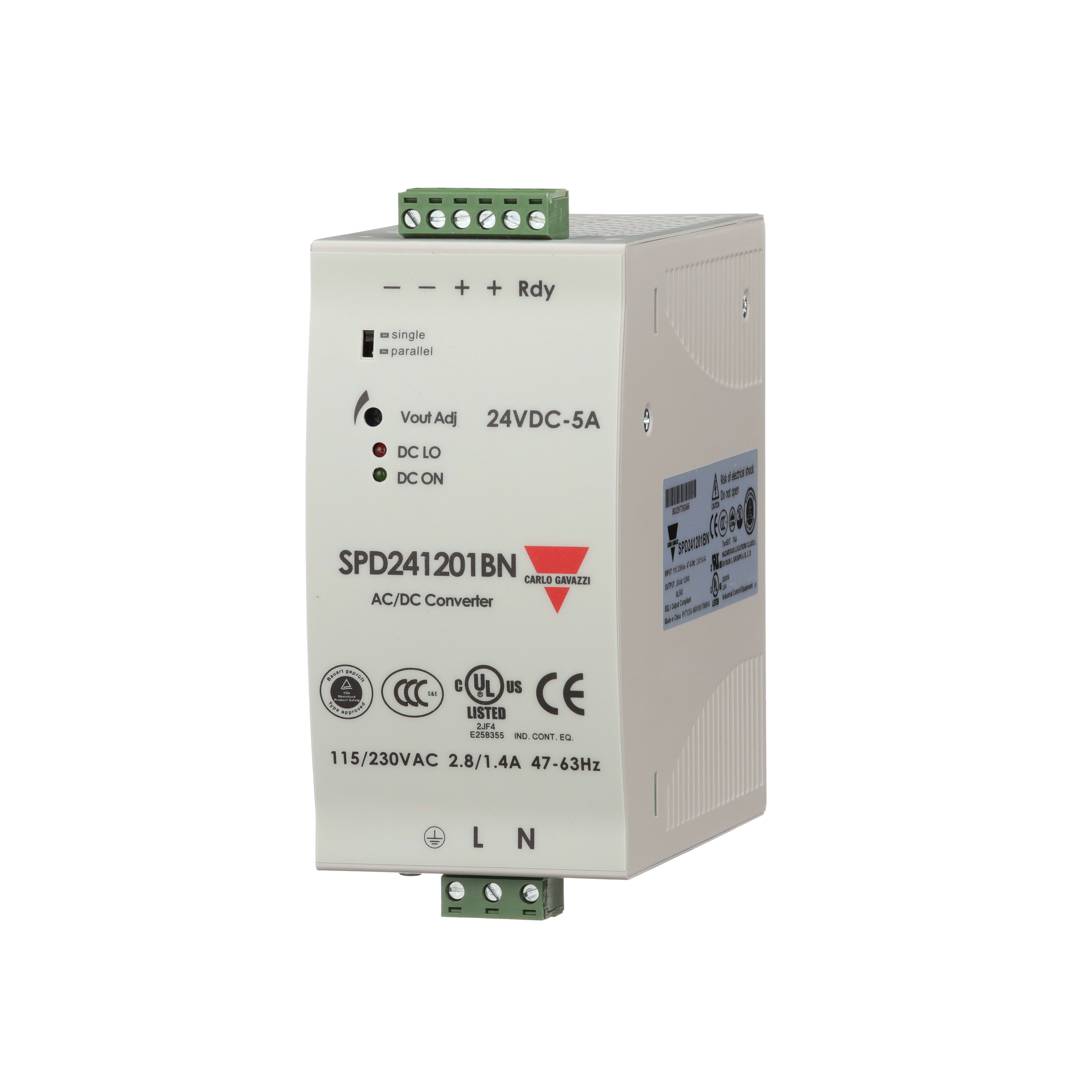 Carlo Gavazzi Switching Power Supply; 24VDC OUT; 5A; 90-132VAC / 180-264VAC / 210-370VDC IN; Single-Phase; DIN Rail Mount